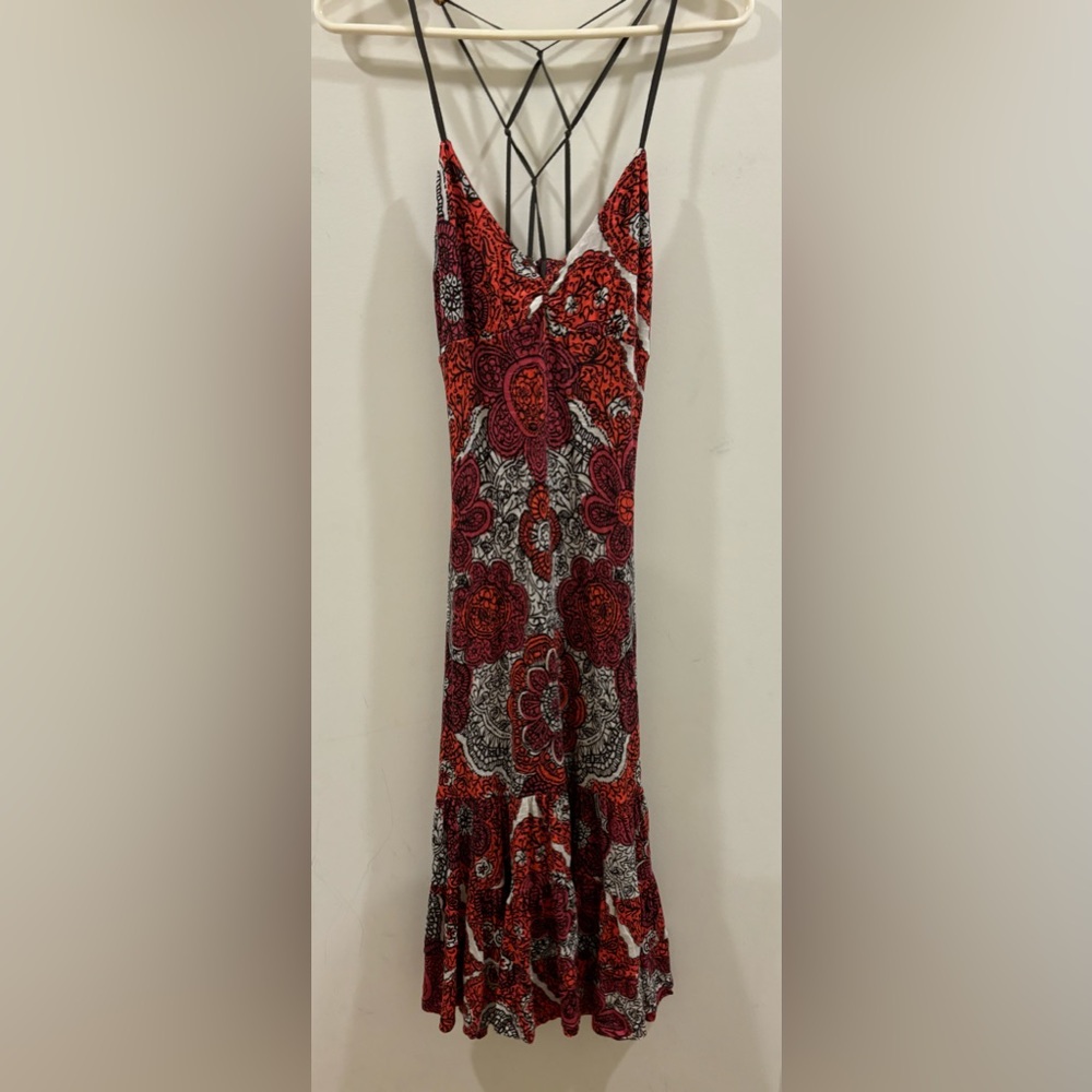 Free People Laced Back Beads Maxi Orange Pattern Flared Dress Women’s Sz‎ M